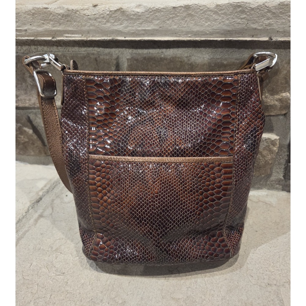 BRIGHTON Brown Patent Leather Snakeskin Print Purse Shoulder Bag E440380 w Charm - Picture 4 of 8